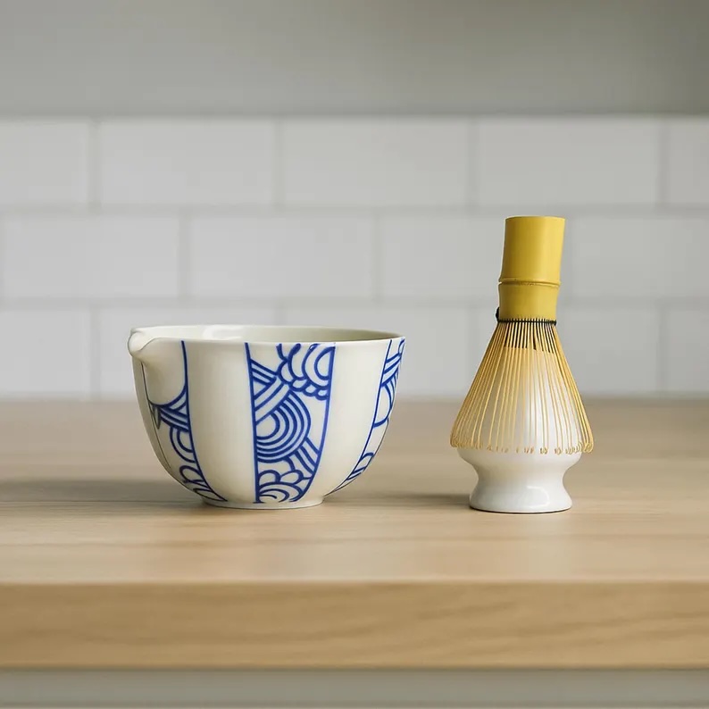 Hand-Painted Ceramic Matcha Bowl Set: Bamboo Whisk & Stand