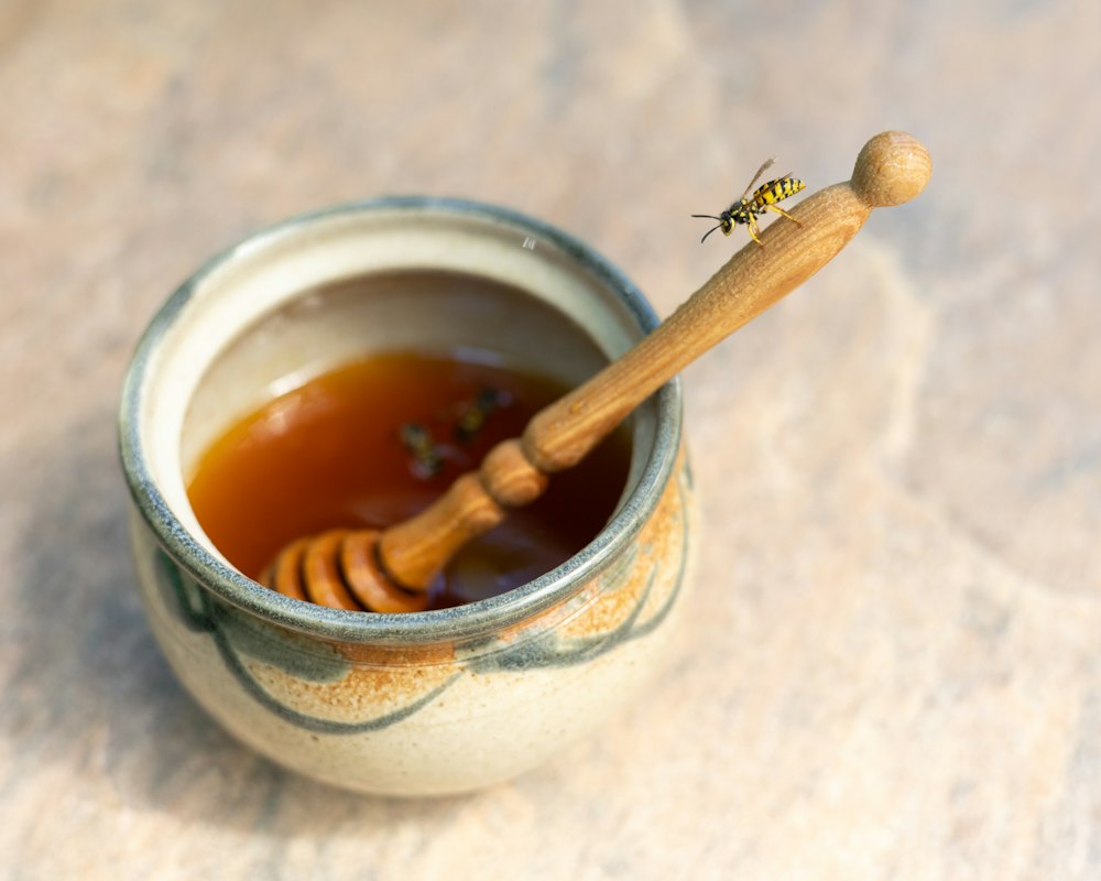 Honey jar with a wooden dipper